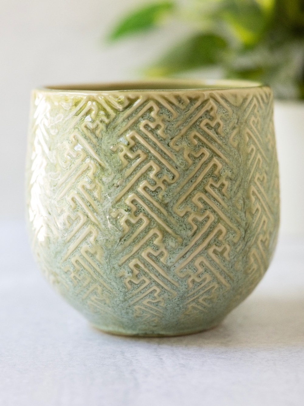 Green beige geometric design pottery planter 4.5 inches tall